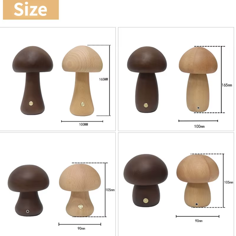 Wooden Mushroom Touch-Sensitive Night Light - Dimmable Bedside Lamp in Walnut and Beech Wood with USB Charging